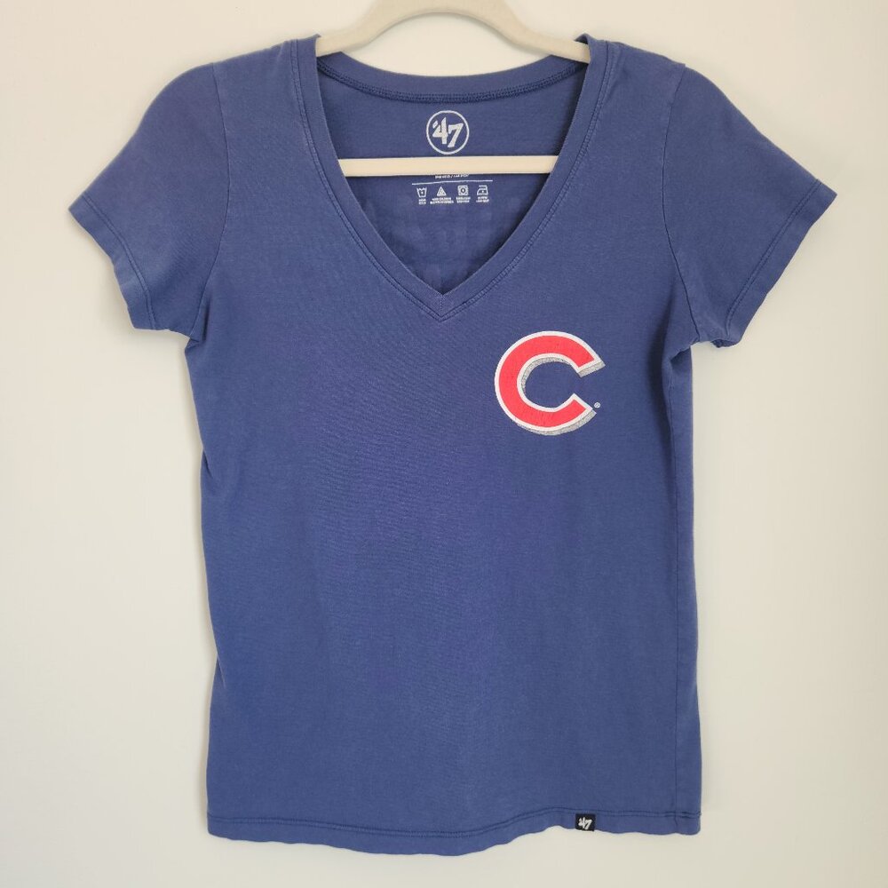 '47 Brand Size M Chicago Cubs Denim Blue V-Neck Top Short Sleeve 100% Cotton